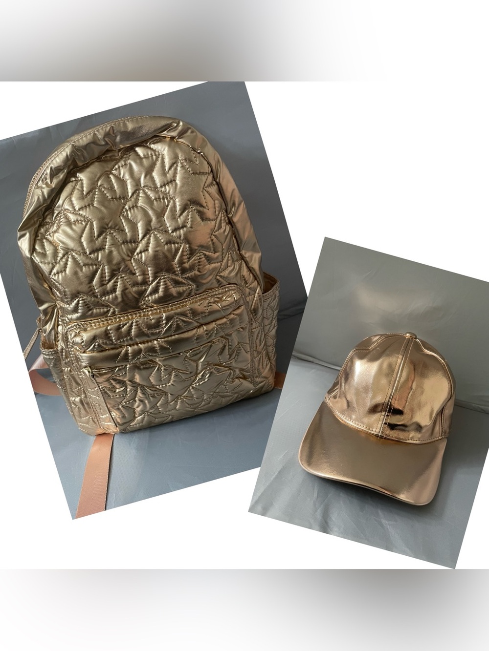 Gymboree Girls Rose Gold Metallic Quilted Backpack & Cap Hat Faux Leather